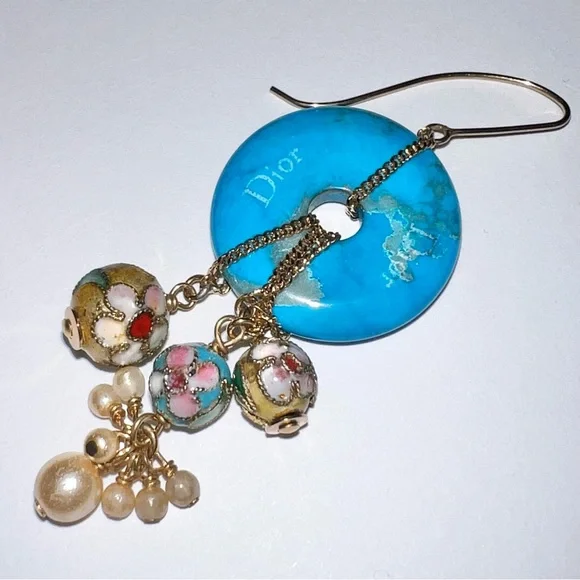 AUTH VTG 2006 Christian Dior Gold Hook Drop Dangle Blue Gemstone Boho Earrings - Picture 10 of 11